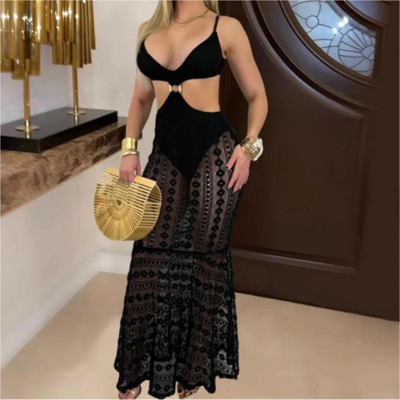 Women's Lace Cutout Maxi Elegant Spaghetti Strap Bikini Set