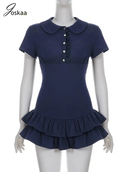 Women's Short Sleeve Fall Tiered Peter Mini Dress Blue – Back View