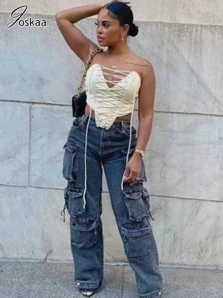 Women's Denim High Waist Pockets Cargo Jeans Pants Light Blue – Front View