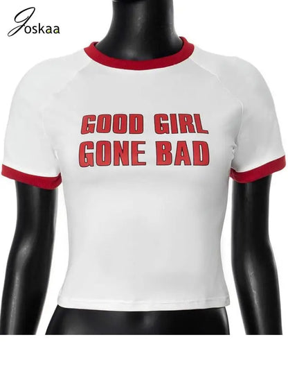 Women's Letter Print Short Sleeve Printed Patchwork Top Red – Back View