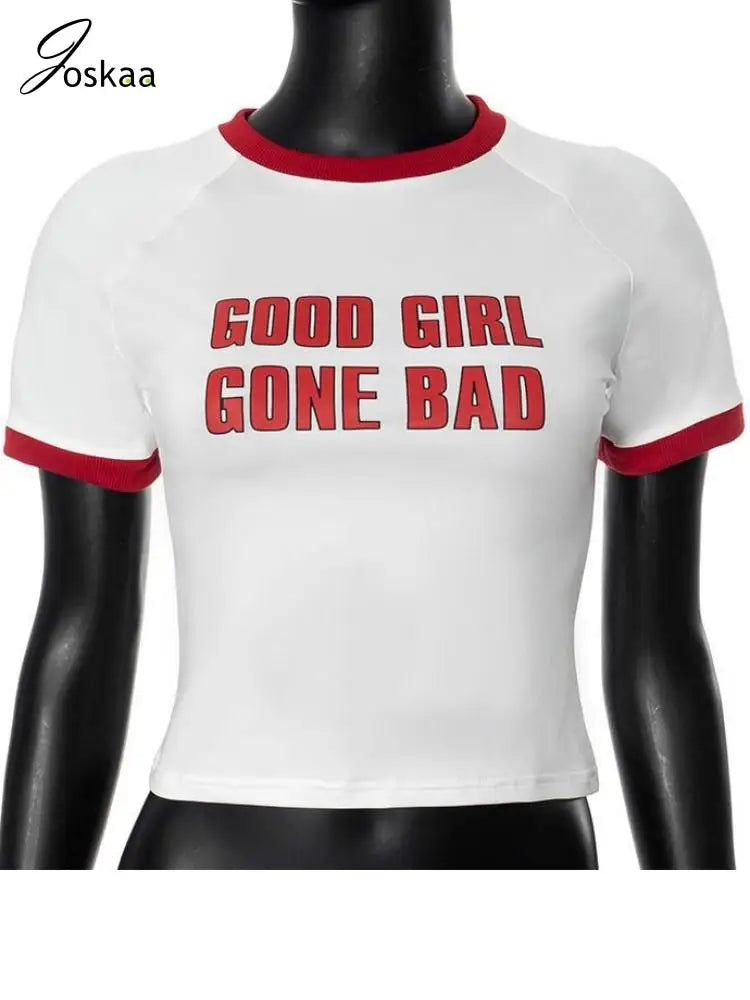 Women's Letter Print Short Sleeve Printed Patchwork Top Red – Back View