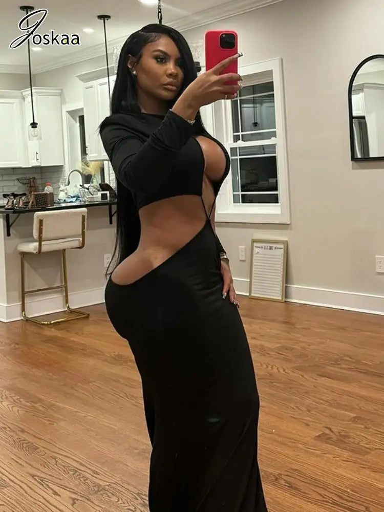 Wholesale Women's Cutout Long Sleeve Maxi Dress Black – Front View