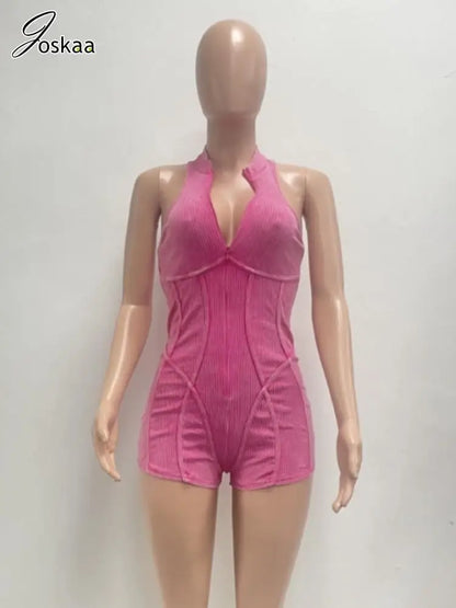Wholesale Women's Sleeveless Bodycon Zip Romper Rose Red – Detail View