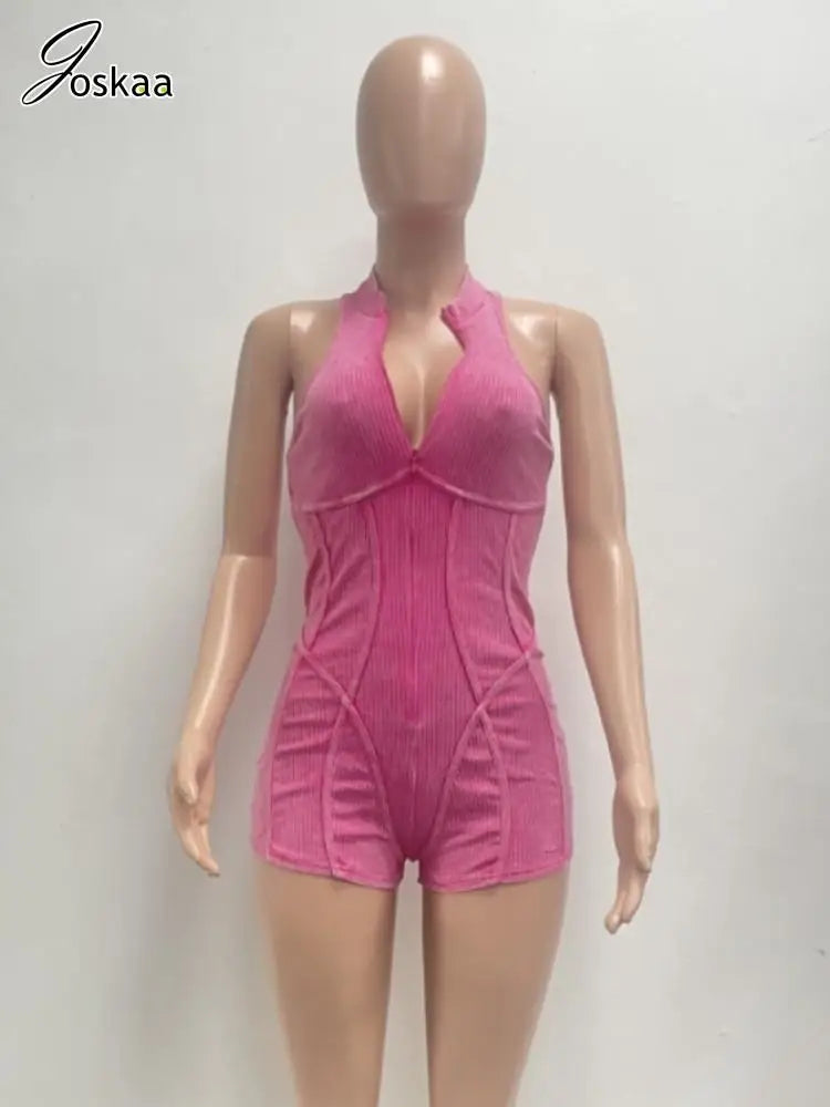 Wholesale Women's Sleeveless Bodycon Zip Romper Rose Red – Detail View