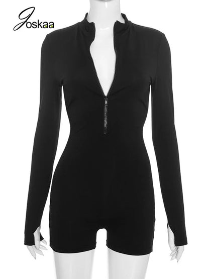Women's Ruched Cutout Zip Up Long Sleeve Romper - Back View