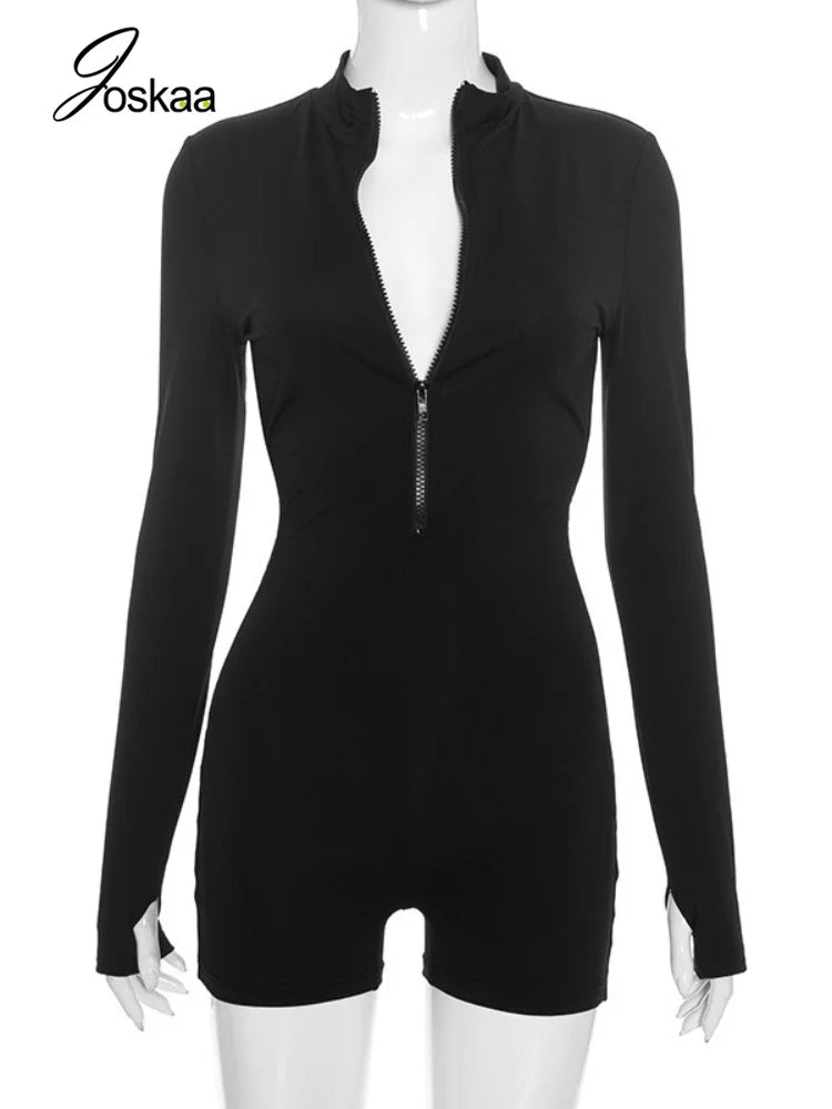 Women's Ruched Cutout Zip Up Long Sleeve Romper - Back View