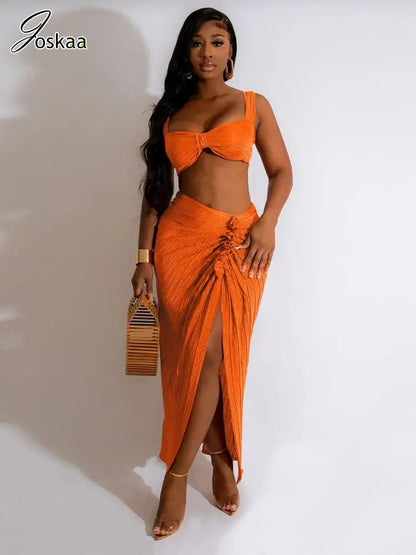 Women's Crop Pleated Solid Wrapped Two Piece Set orange – Side View