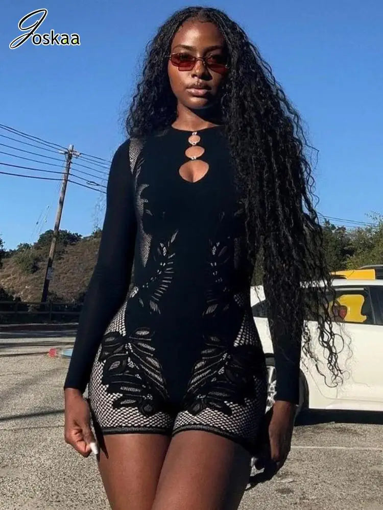 Women's Rhinestone Lace Cutout Long Sleeve Romper Black – Side View