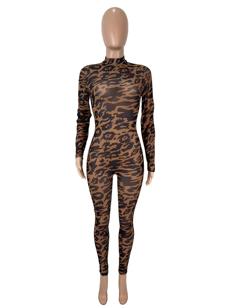 Women's Leopard Print Mesh Long Sleeve Romper Brown – Back View