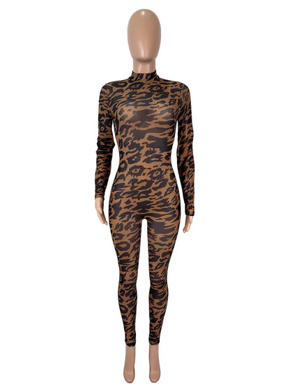 Women's Leopard Print Mesh Long Sleeve Romper Brown – Back View