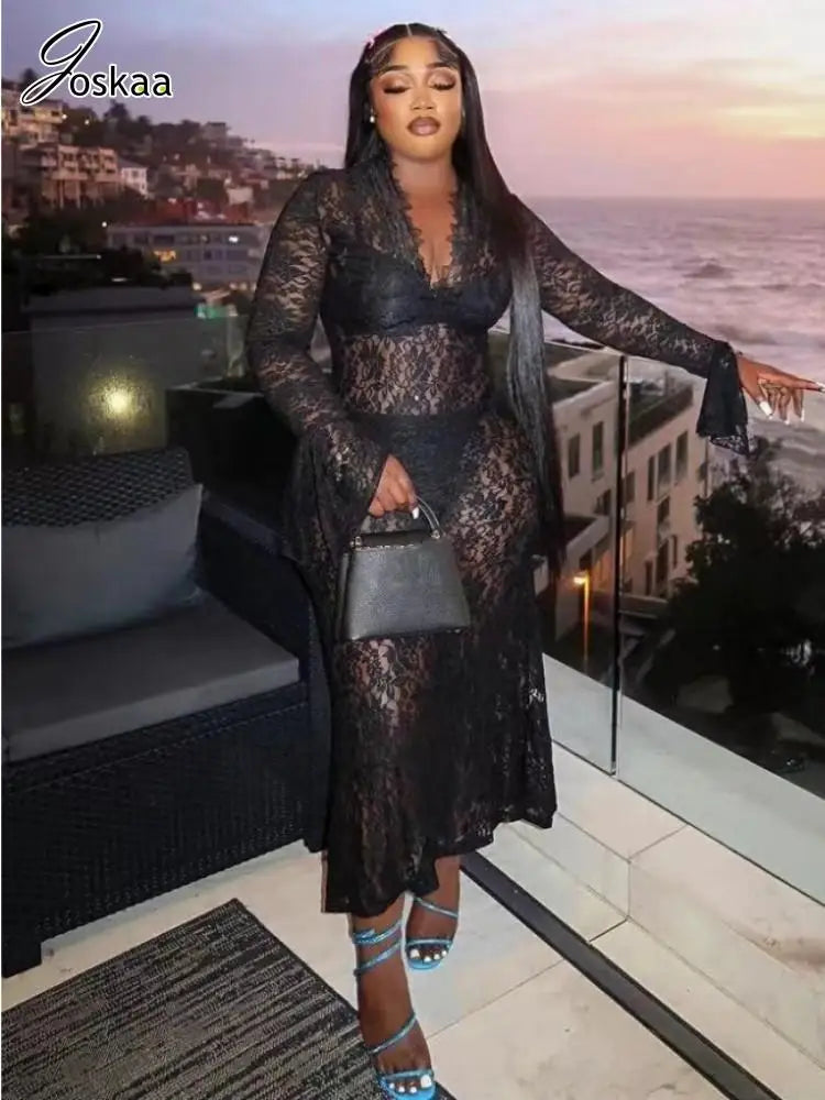 Women's Lace Long Sleeve Bodycon Maxi Dress – Women's Fashion Wholesale – Front View