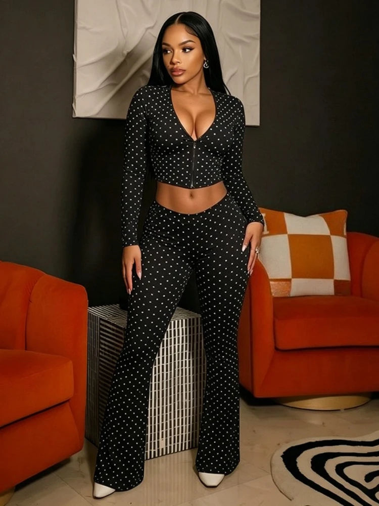 Women's Polka Dot V-neck Zip Up Long Sleeve Two Piece Set - Detail View 9