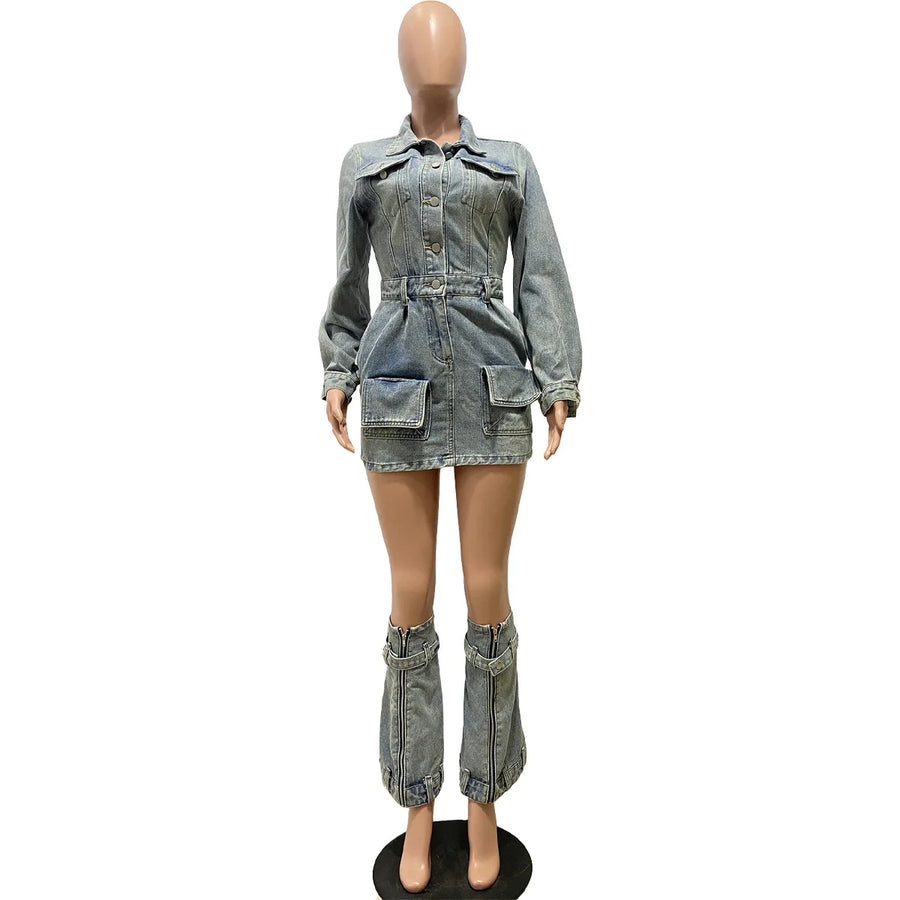 Women's Denim Long Sleeve Mini Two Piece Set