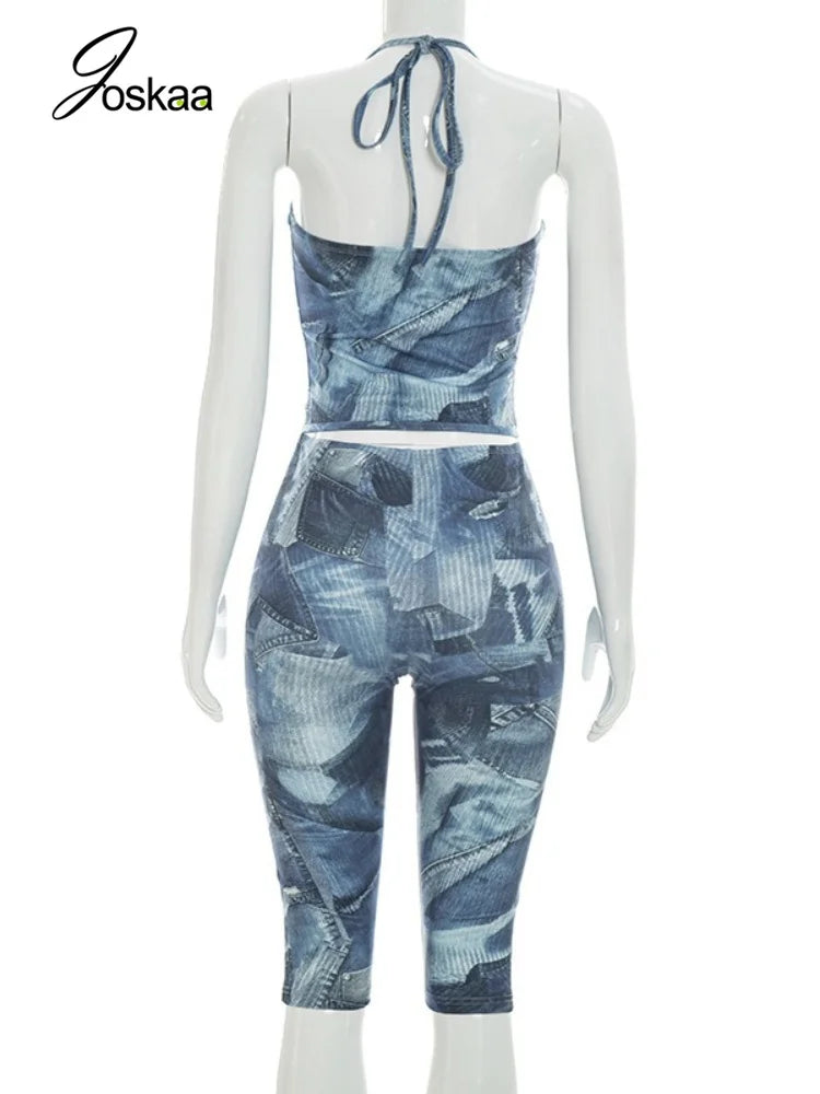 Women's Denim Print Halter Zip Up High Waist Two Piece Set - Detail View
