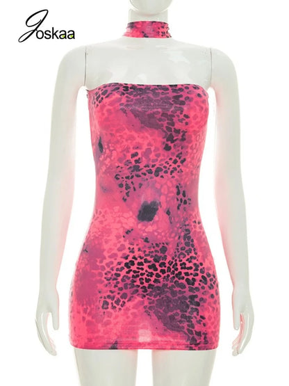 Women's Leopard Print Backless Halter Mini Dress Rose Red – Back View
