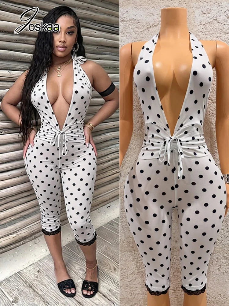 Women's Polka Dot Lace Backless V-neck Romper - Women's Fashion Wholesale - Front View
