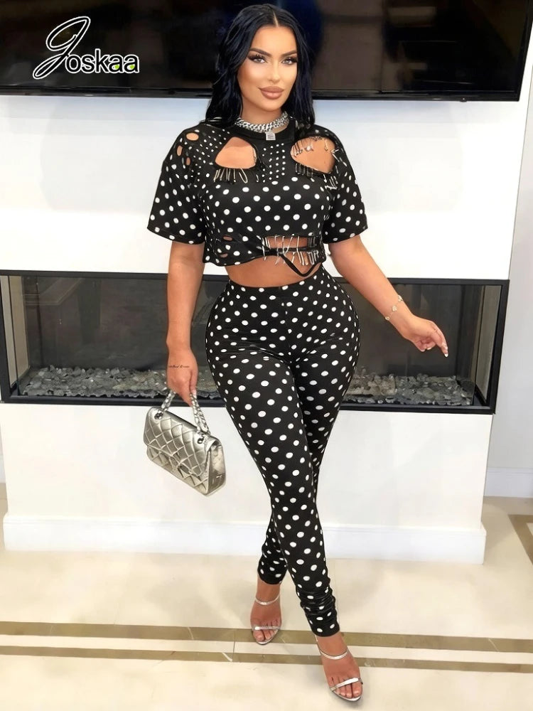 Women's Polka Dot Cutout Short Sleeve Two Piece Set Black – Side View