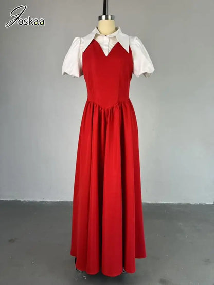 Women's Patchwork Lapel Short Maxi Dress Red – Back View