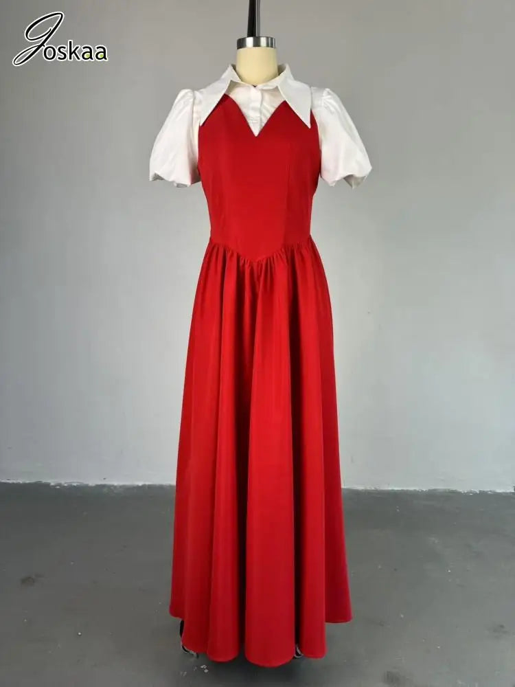 Women's Patchwork Lapel Short Maxi Dress Red – Back View