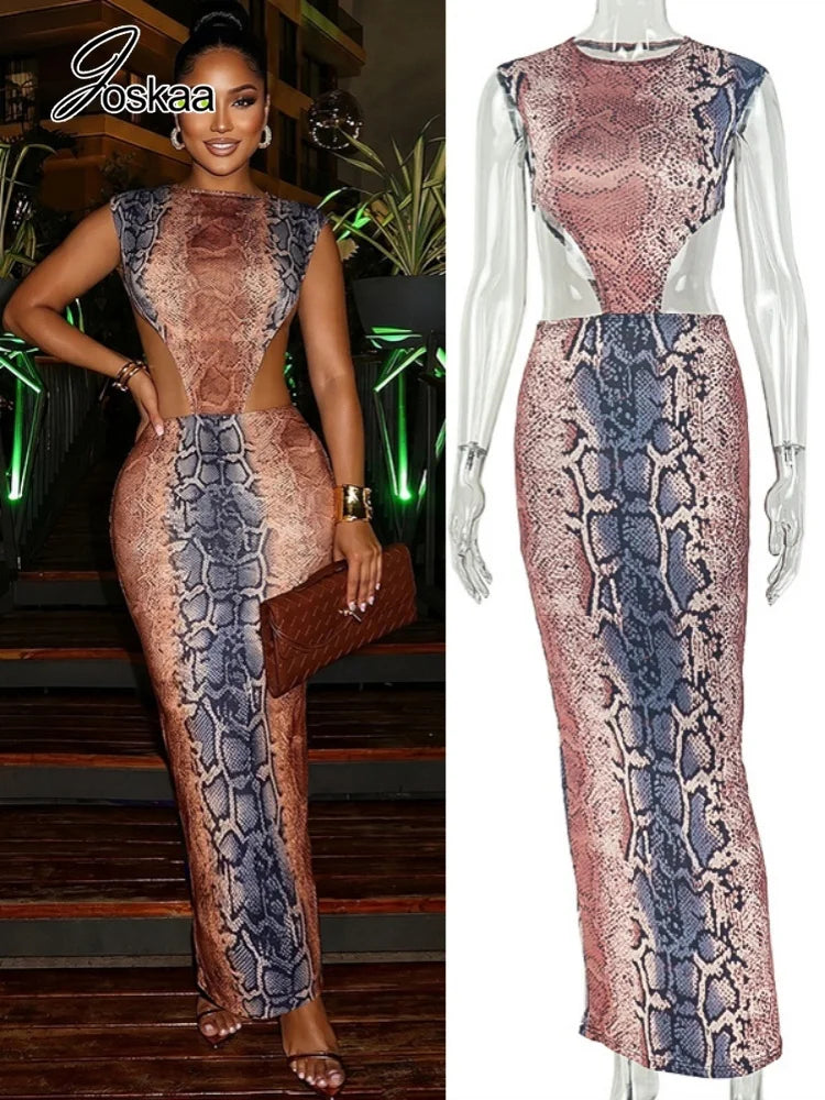 Women's Snake Print Backless Sleeveless Bodycon Maxi Dress 5437 - Women's Fashion Wholesale - Front View