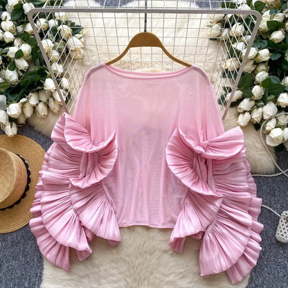 Women's Mesh Long Sleeve Luxury Blouse Ruffles Top