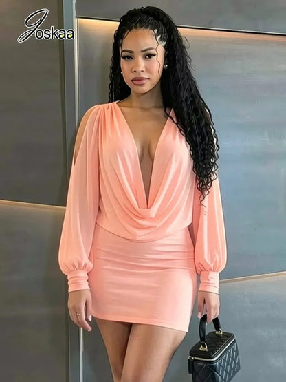 Women's Mesh Backless V-neck Long Sleeve Mini Dress - Side View