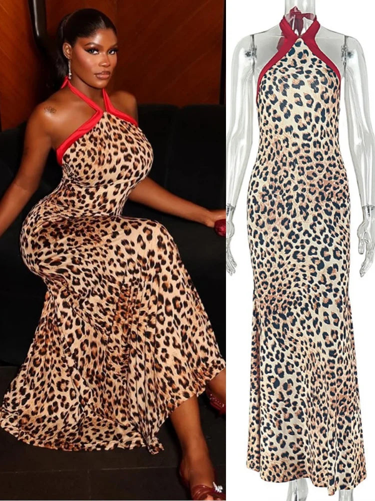 Women's Leopard Print Lace Backless Halter Maxi Dress - Additional View 8