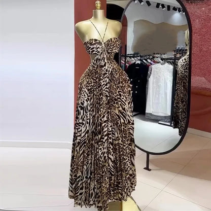 Women's Leopard Print Backless Maxi Dress