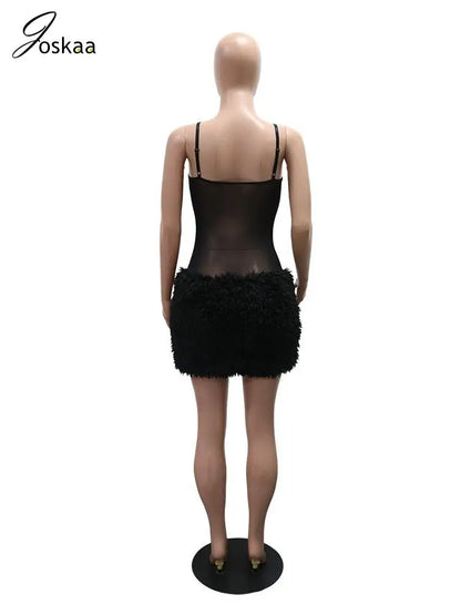 Women's Mesh Bodycon Fall Sheer Black Mini Dress Black – Detail View