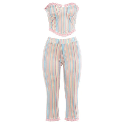 Women's Striped Strapless One Shoulder High Waist Two Piece Set - Additional View 7