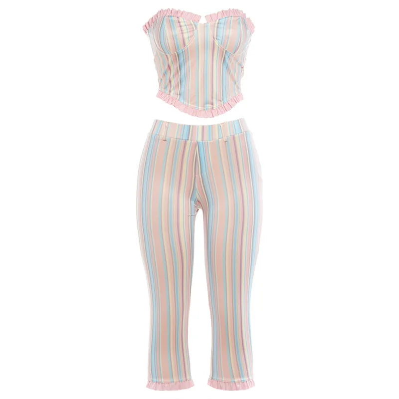 Women's Striped Strapless One Shoulder High Waist Two Piece Set - Additional View 7