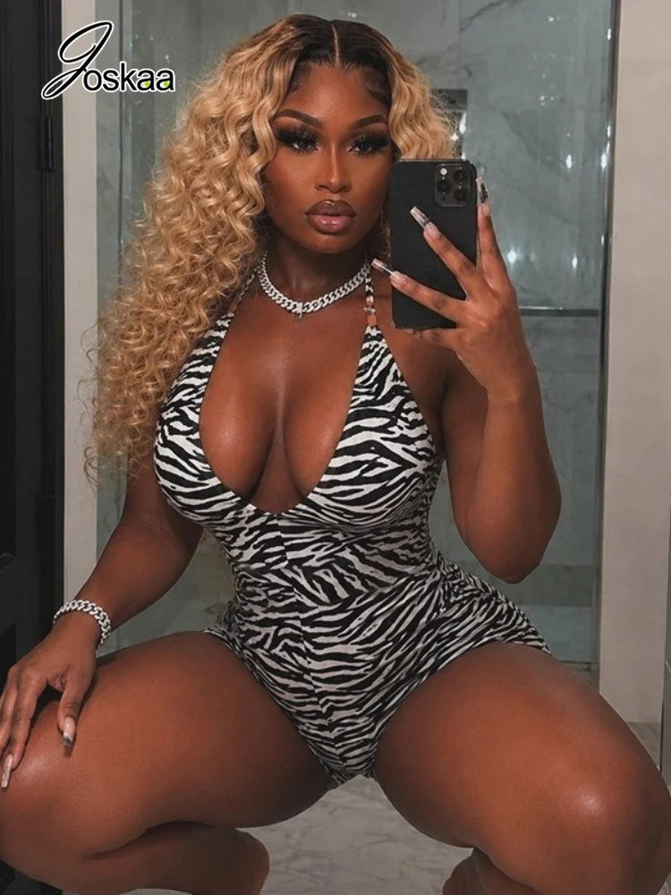 Women's Zebra Print Striped V-neck Halter Romper - Detail View 2