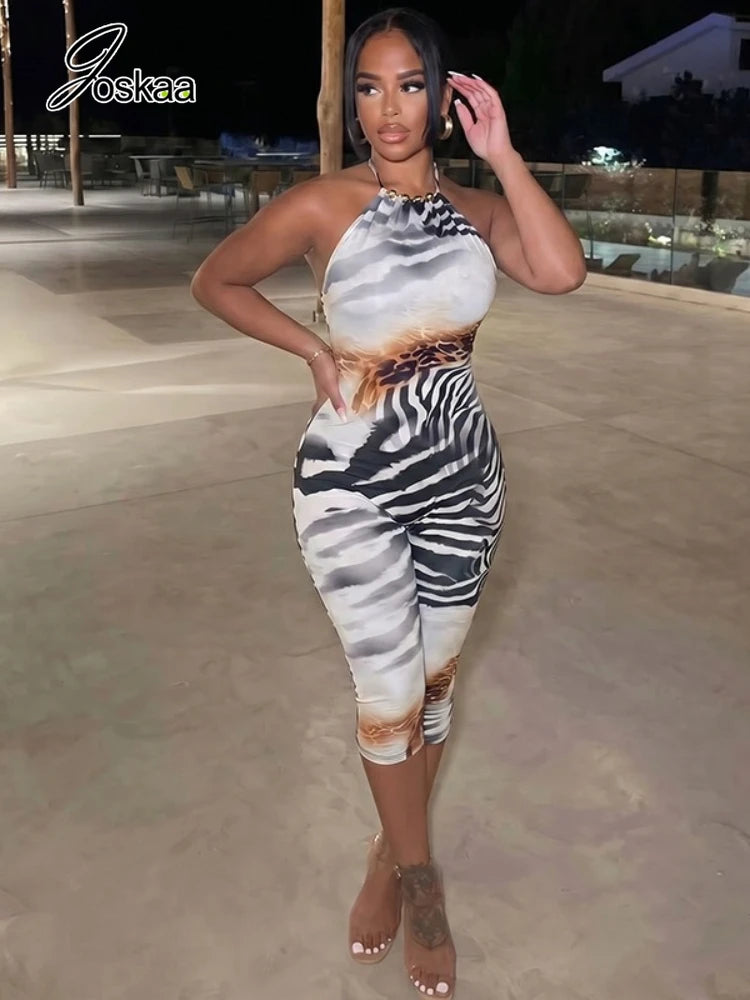 Women's Striped Lace Backless Halter Romper - Side View
