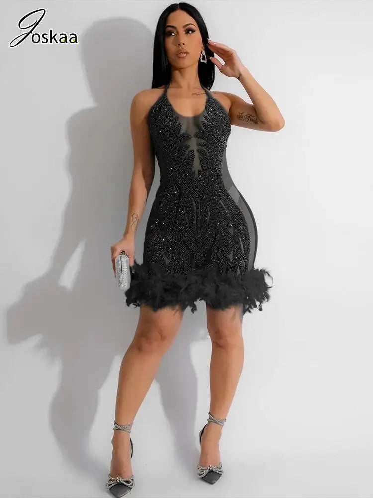 Women's Sequin Backless Halter Mini Dress Orange – Side View