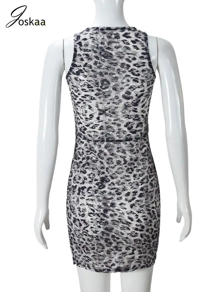 Women's Leopard Print Lace Sleeveless Mini Dress Leopard Print – Detail View