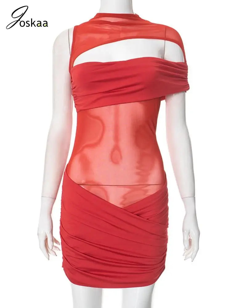 Wholesale Women's Mesh Ruched Cutout Mini Dress Red – Back View