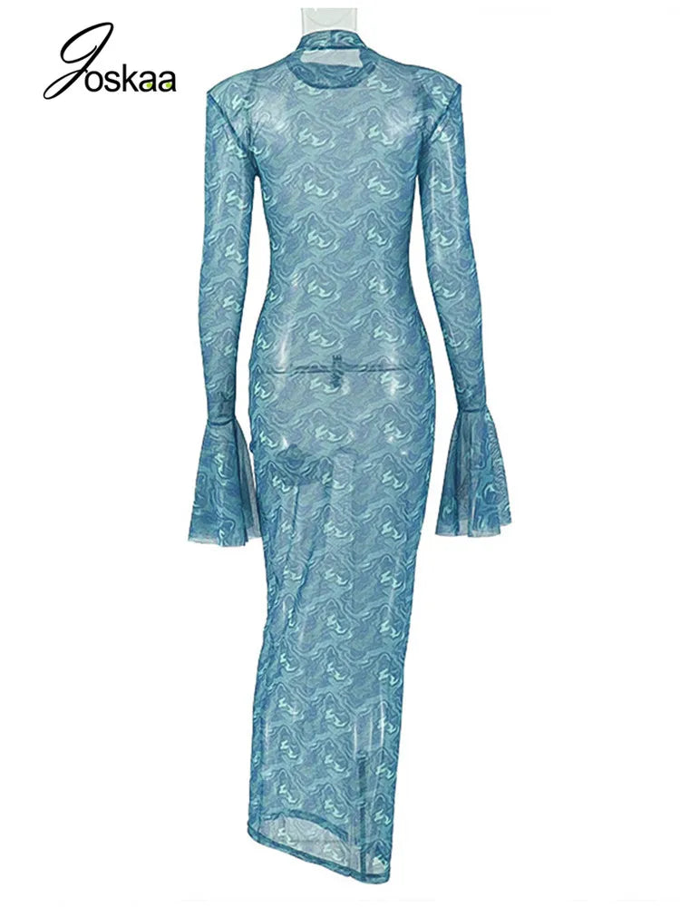 Women's Mesh Long Sleeve Bodycon Maxi Dress Peacock Green – Detail View
