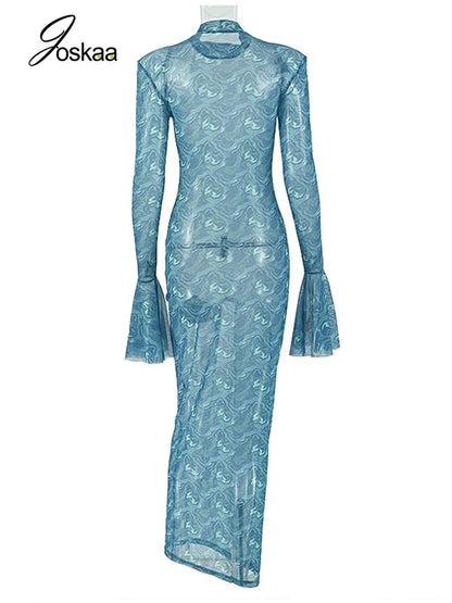 Women's Mesh Long Sleeve Bodycon Maxi Dress Peacock Green – Detail View