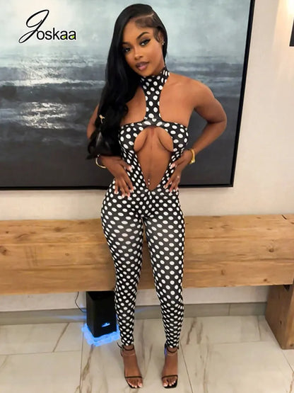 Women's Polka Dot Backless Cutout Romper Black – Side View