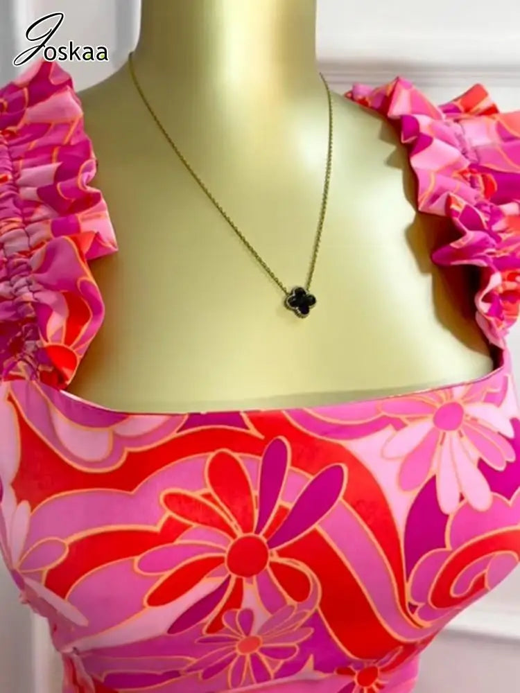 Women's Floral Print Crop High Waist Two Piece Set Red – Detail View