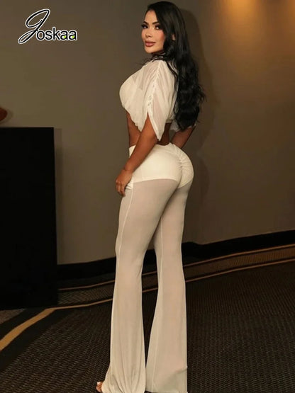 Women's Mesh Ruched Crop Flare Two Piece Set Apricot – Side View