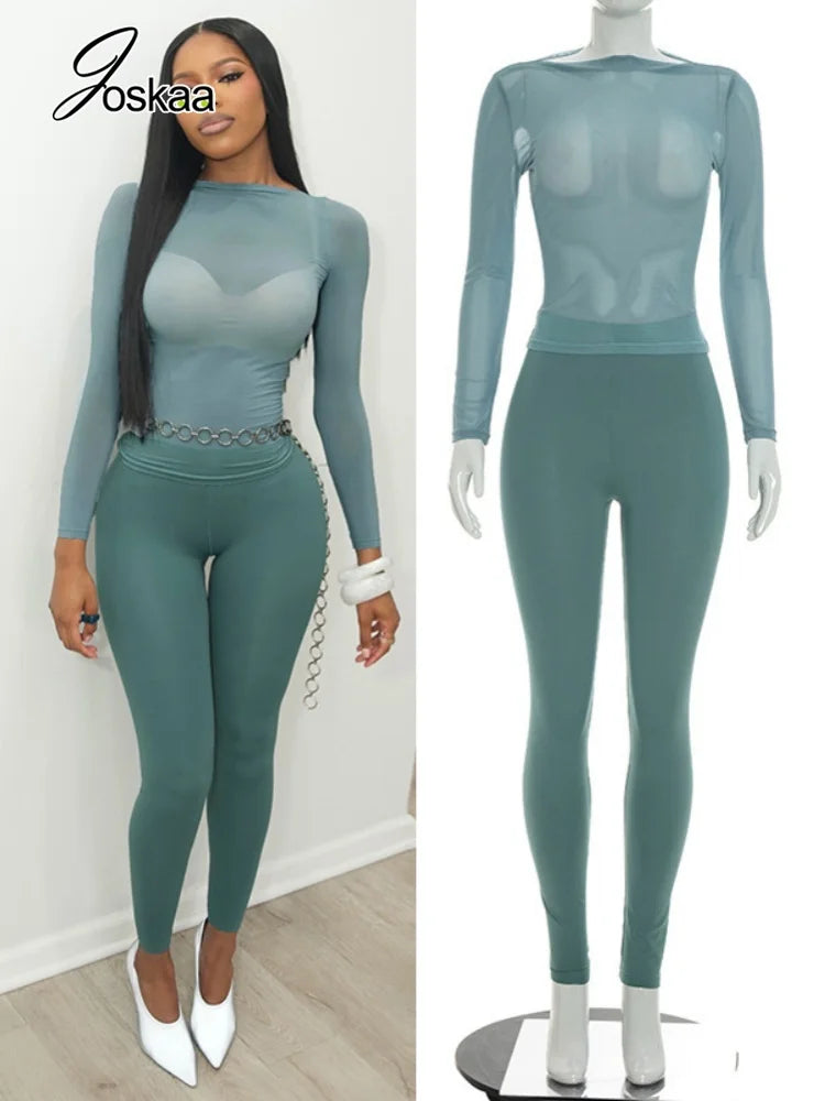 Women's Mesh Long Sleeve High Waist Two Piece Set – Women's Fashion Wholesale – Front View