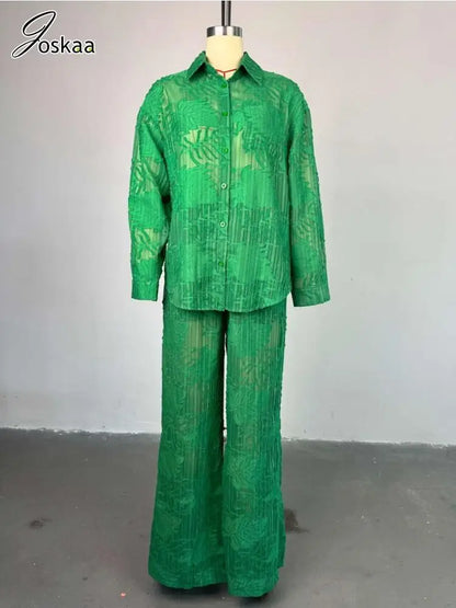 Women's Long Sleeve Lapel Full Two Piece Set Green – Side View