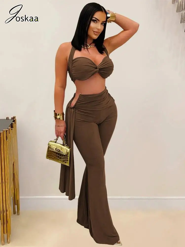Women's Ruched Backless Halter Two Piece Set – Women's Fashion Wholesale – Front View