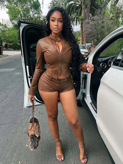 Wholesale Women's Faux Leather Zip Two Piece Set