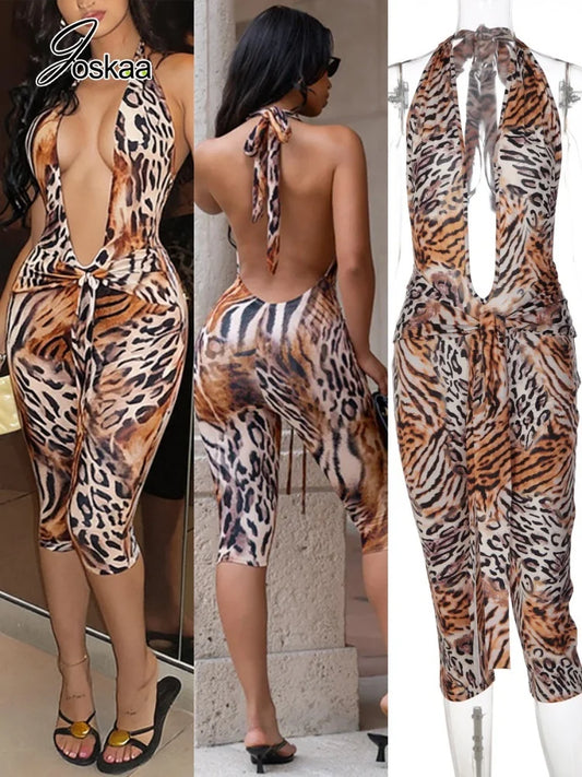Women's Leopard Print Lace Ruched Backless Romper - Front View