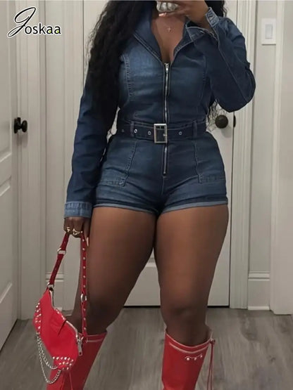 Women's Denim Long Sleeve Bodycon Romper Blue – Side View