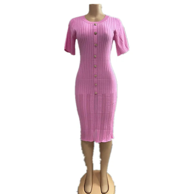 Women's Stripe Knit Short Sleeve Maxi Dress