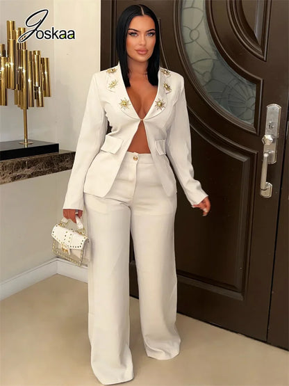 Women's Long Sleeve Elegant Deep V-neck Two Piece Set White – Side View