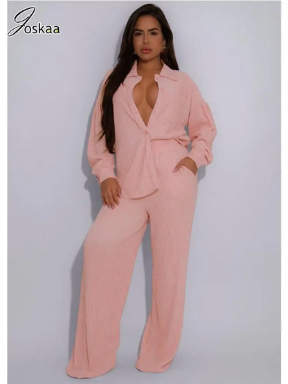 Women's Long Sleeve Flare Wide Leg Two Piece Set Pink – Front View
